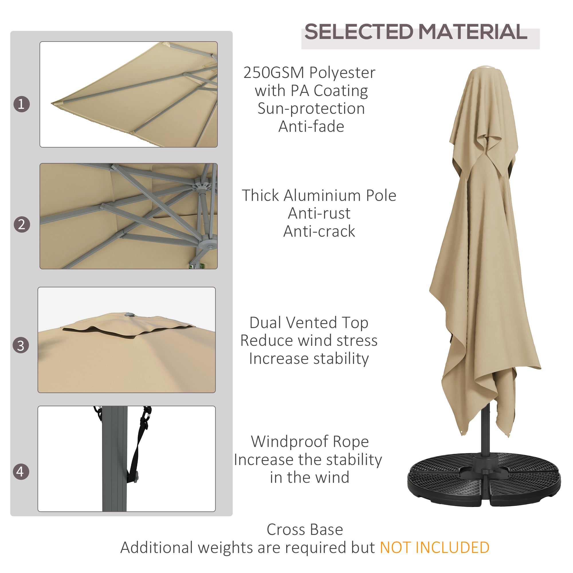 13 FT Cantilever Umbrella, Aluminum Hanging Offset Umbrella with 360°Rotation, Crank, Tilt, Cross Base, Khaki Cantilever Umbrellas   at Gallery Canada