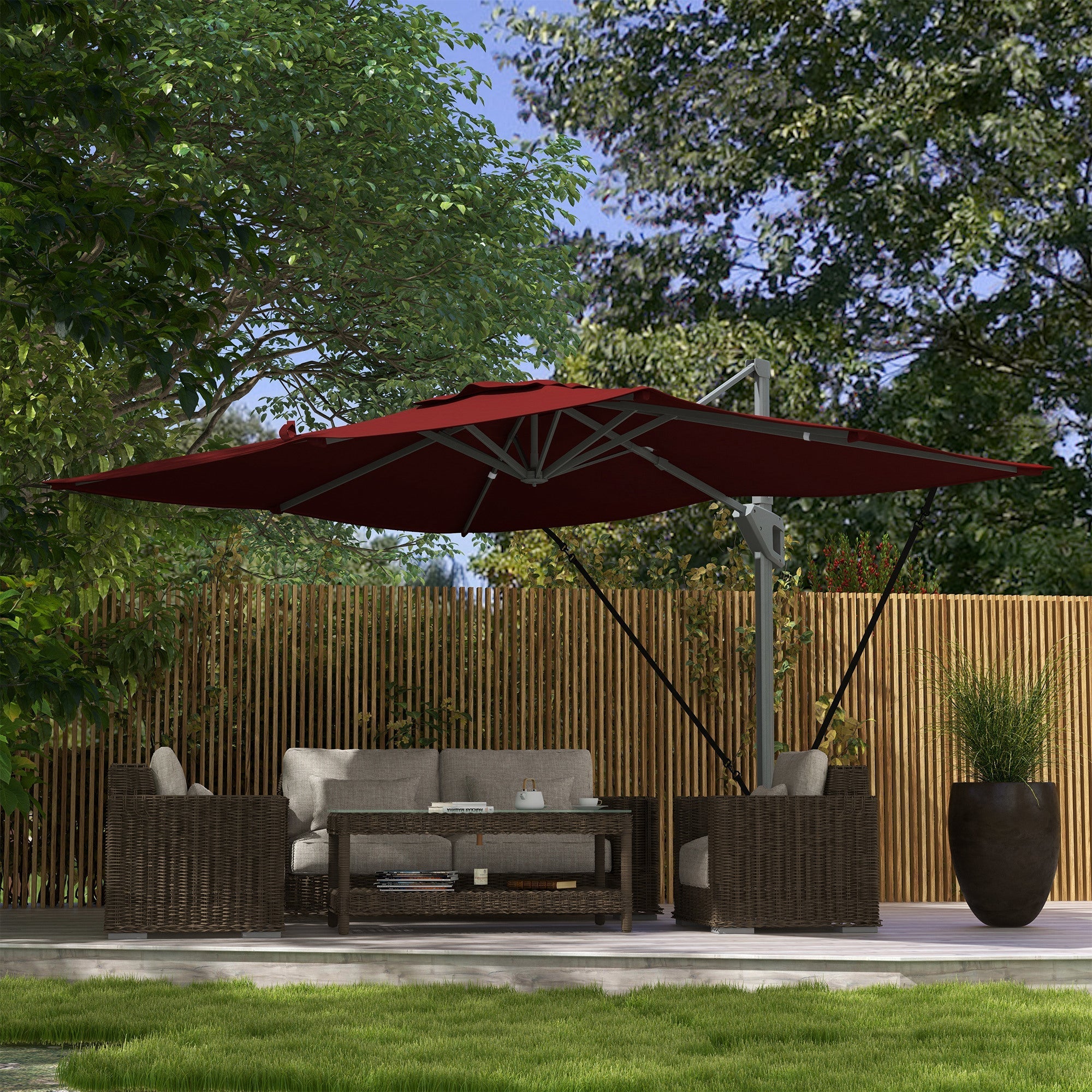 13 FT Cantilever Umbrella, Aluminum Hanging Offset Umbrella with 360°Rotation, Crank, Tilt, Cross Base, Red Cantilever Umbrellas   at Gallery Canada