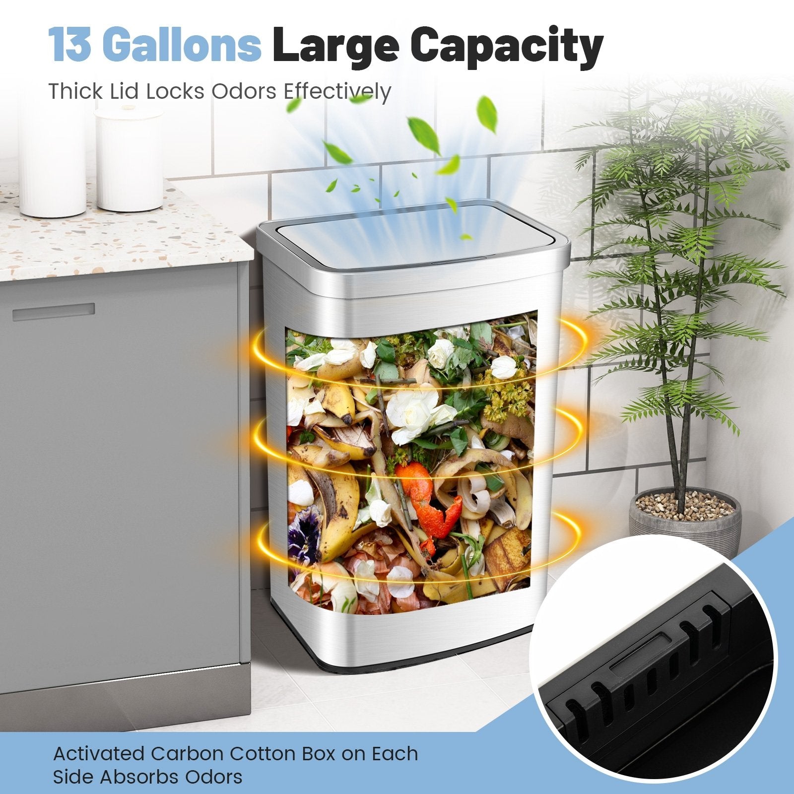 13 Gallons Automatic Garbage Can with Rectangular Infrared Motion Sensor-Sliver, Silver Kitchen Organization   at Gallery Canada