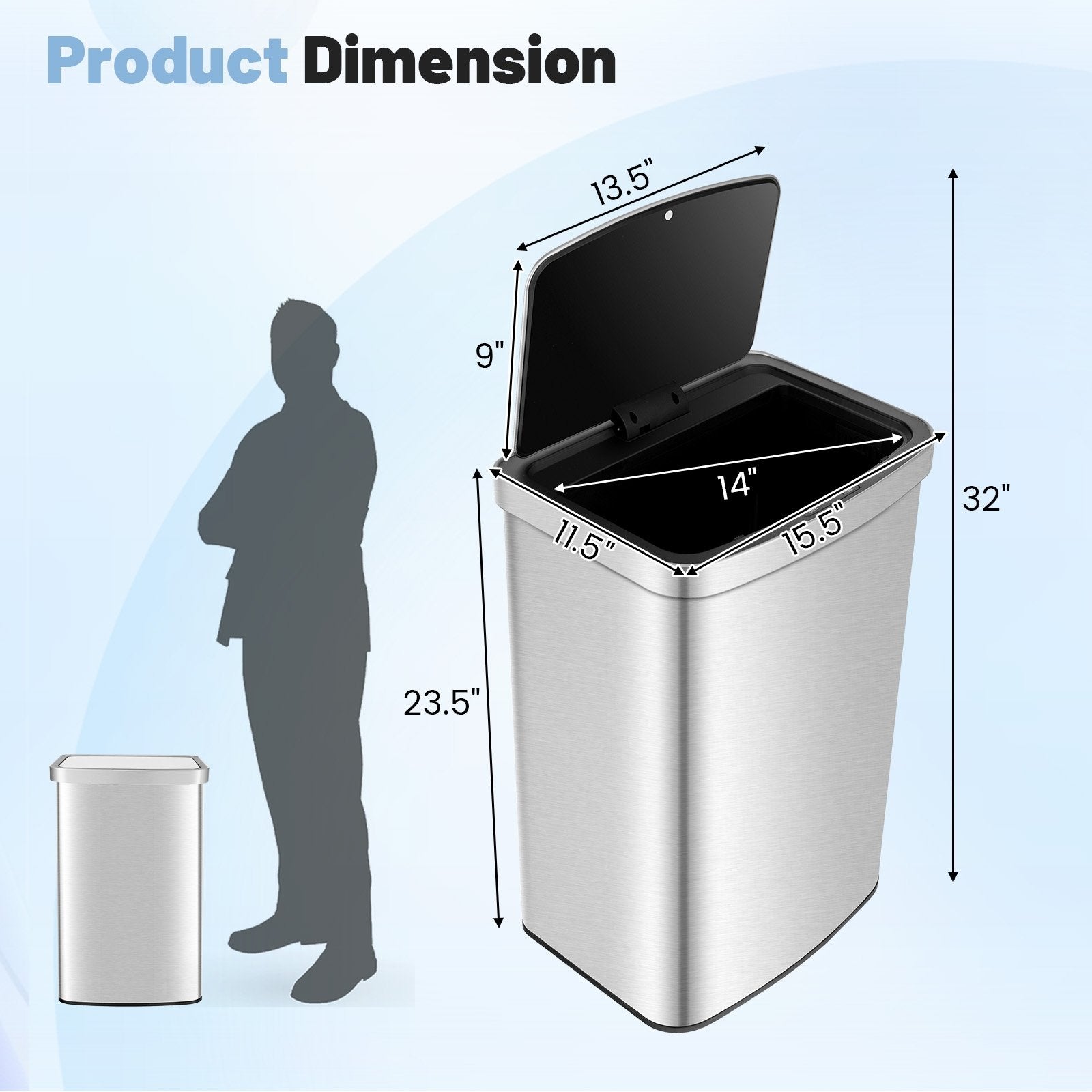 13 Gallons Automatic Garbage Can with Rectangular Infrared Motion Sensor-Sliver, Silver Kitchen Organization   at Gallery Canada