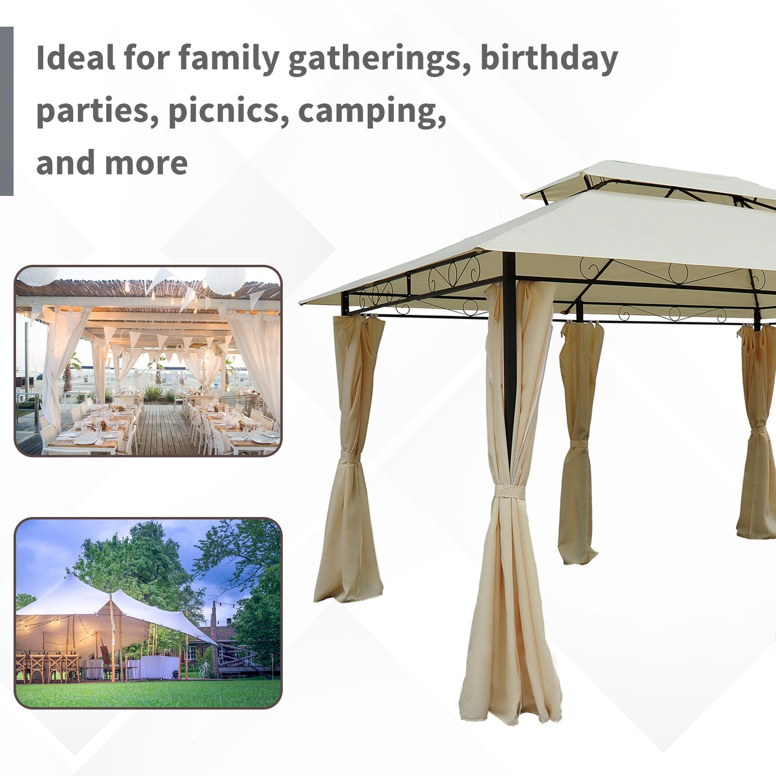 13' x 10' Soft-top Gazebo Patio Steel Canopy Portable Party Event with Double Canopy Roof, Curtains, Cream White Gazebos   at Gallery Canada