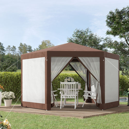 13' x 11' Hexagonal Party Tent, Canopy Tent with Nettings, Zipped Doors for Garden, Patio, Outdoor, Brown