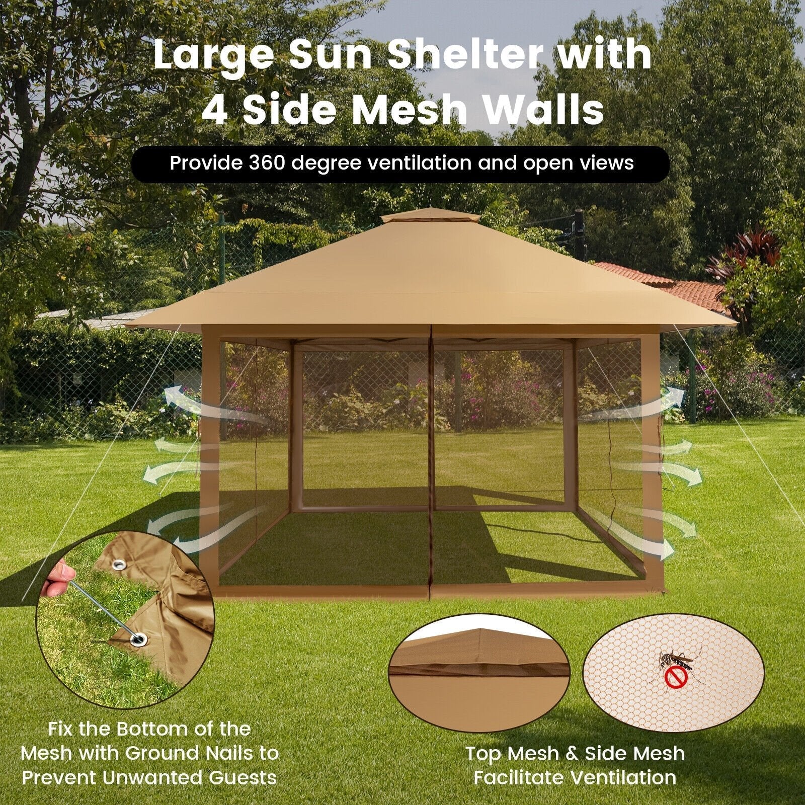 13 x 13 Feet Pop-up Instant Canopy Tent with Mesh Sidewall, Coffee Canopies   at Gallery Canada