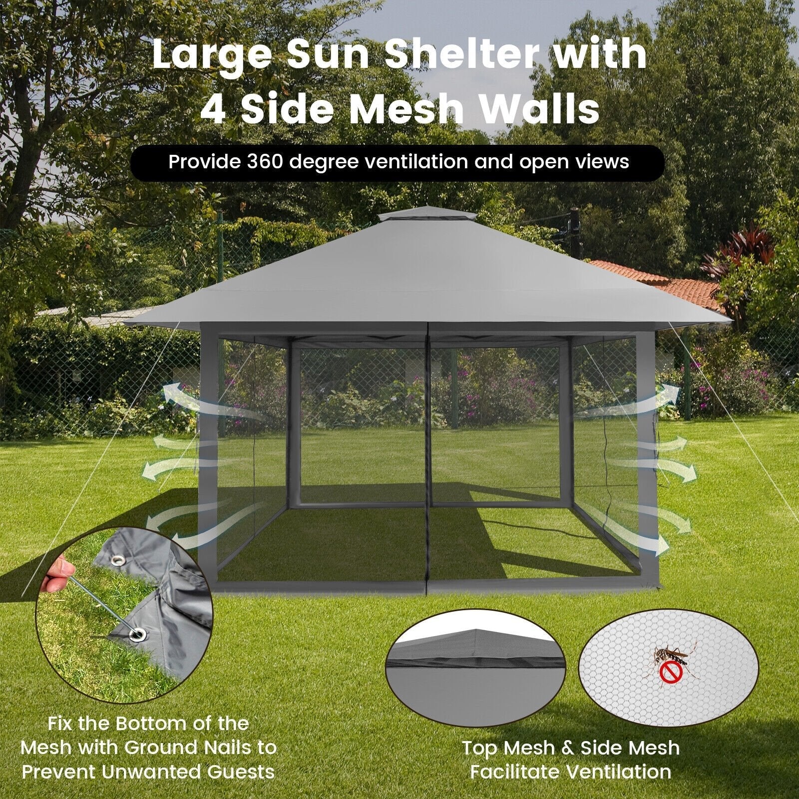 13 x 13 Feet Pop-up Instant Canopy Tent with Mesh Sidewall, Gray Canopies   at Gallery Canada