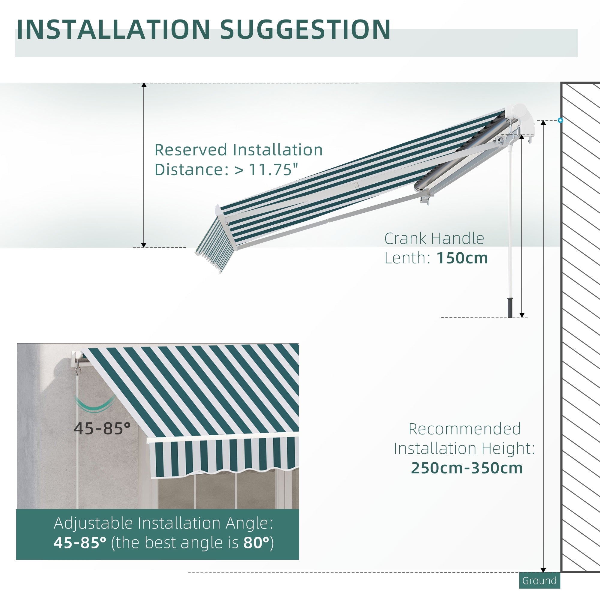 13' x 8' Retractable Awning Manual Patio Awning Sun Shade for Outdoor Window Door with Aluminum Frame Green and White Window Awnings   at Gallery Canada