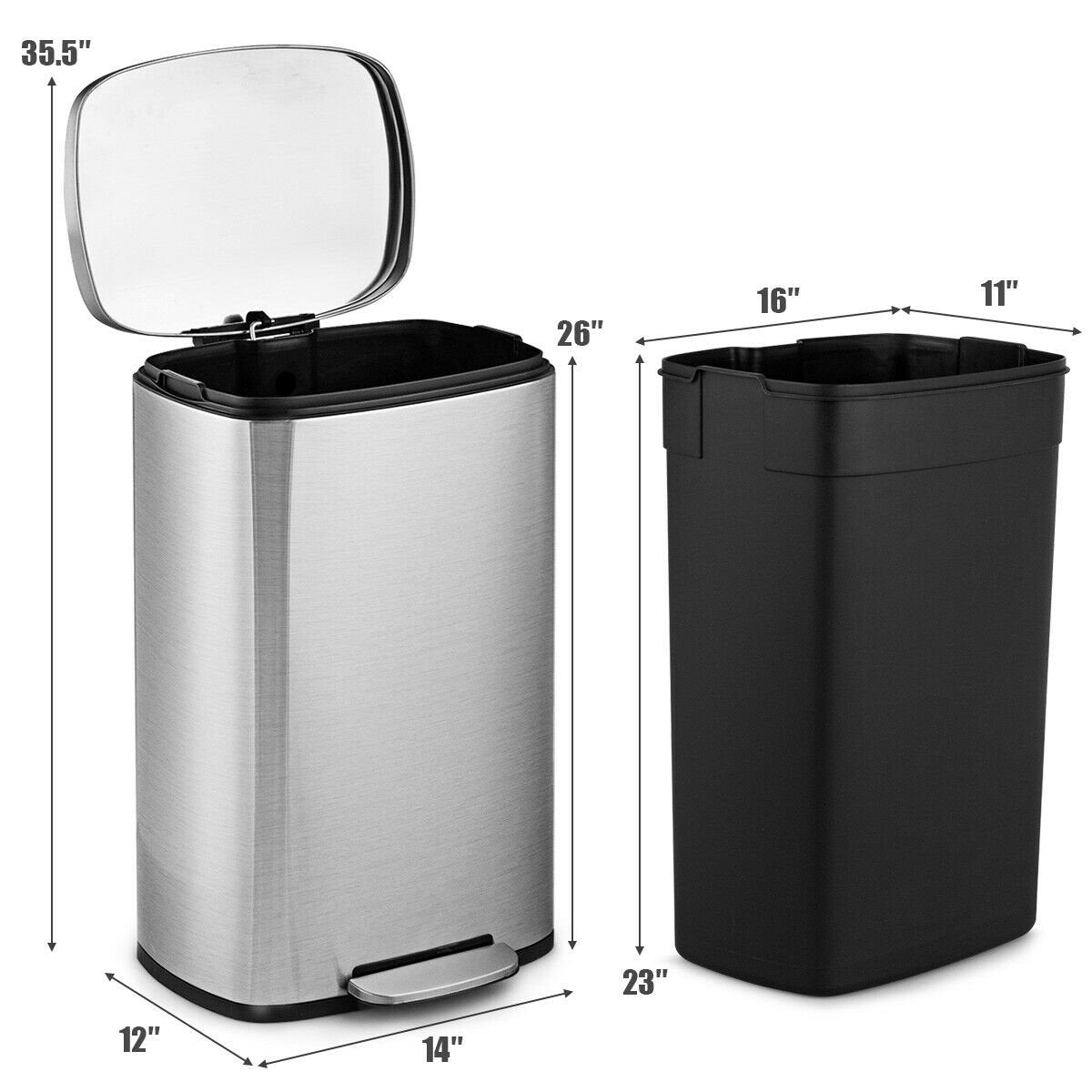 13.2 Gallon Stainless Steel Trash Garbage Can with Bucket, Silver Kitchen Organization   at Gallery Canada