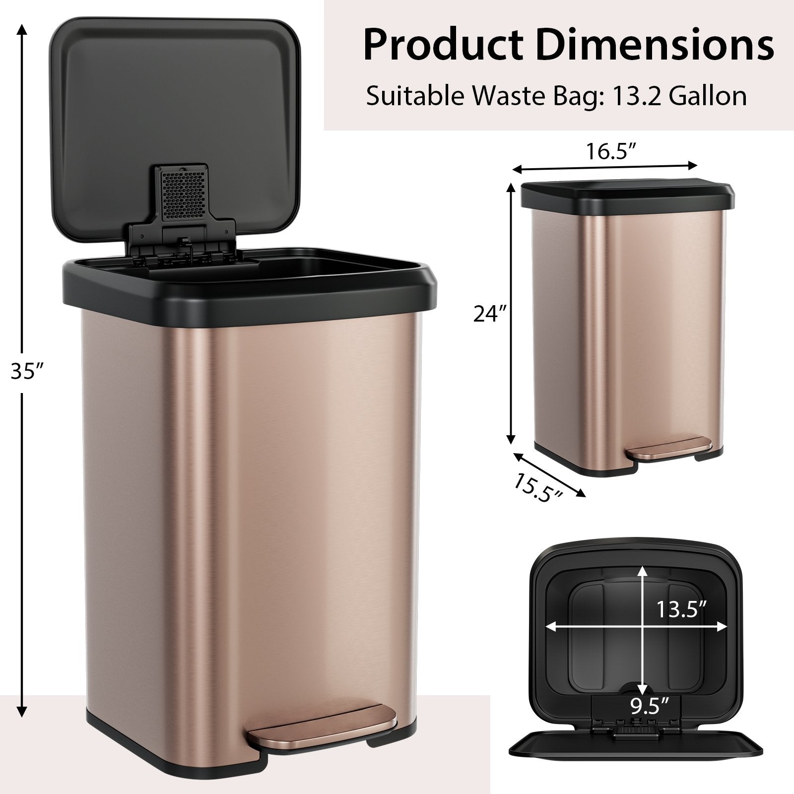 13.2 Gallon Step Trash Can with Soft Close Lid and Deodorizer Compartment, Golden Kitchen Organization   at Gallery Canada