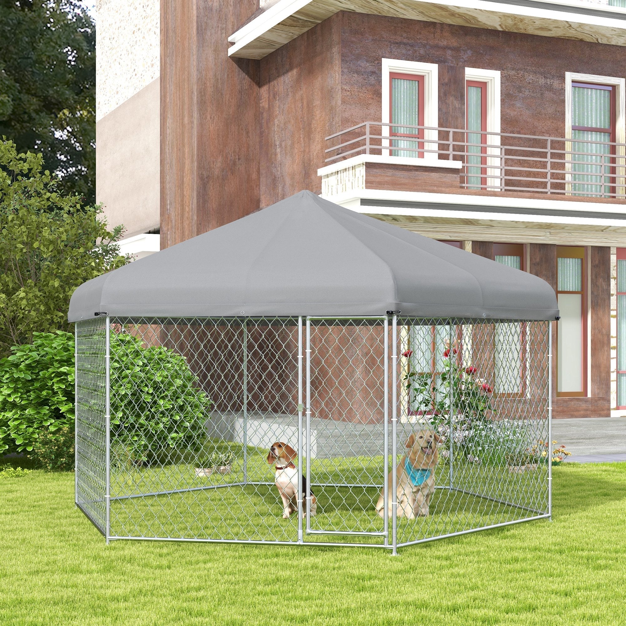 13.4' x 11.5' x 8.8' Outdoor Dog Kennel Dog Run with Waterproof, UV Resistant Cover for Medium Large Sized Dogs, Silver Houses, Kennels & Pens   at Gallery Canada