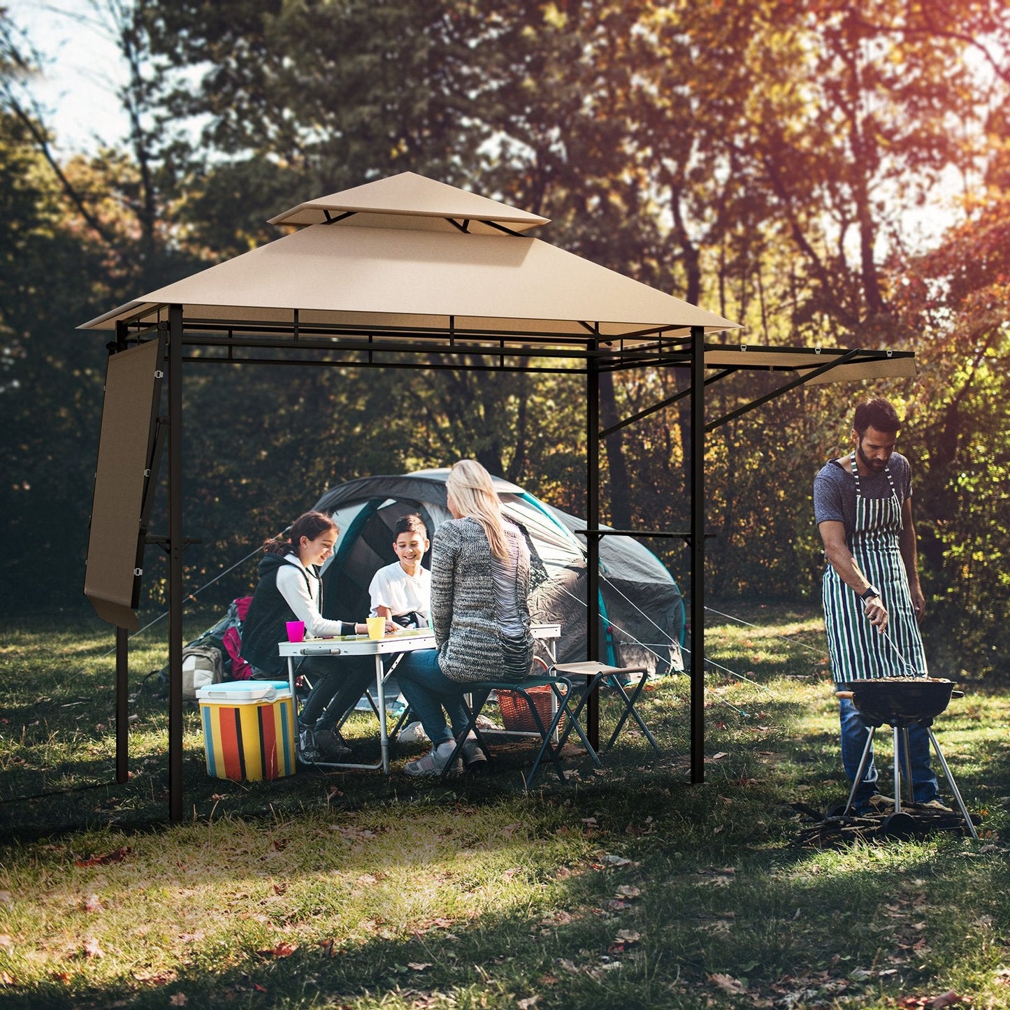 13.5 x 4 Feet Patio BBQ Grill Gazebo Canopy with Dual Side Awnings, Beige Gazebos   at Gallery Canada