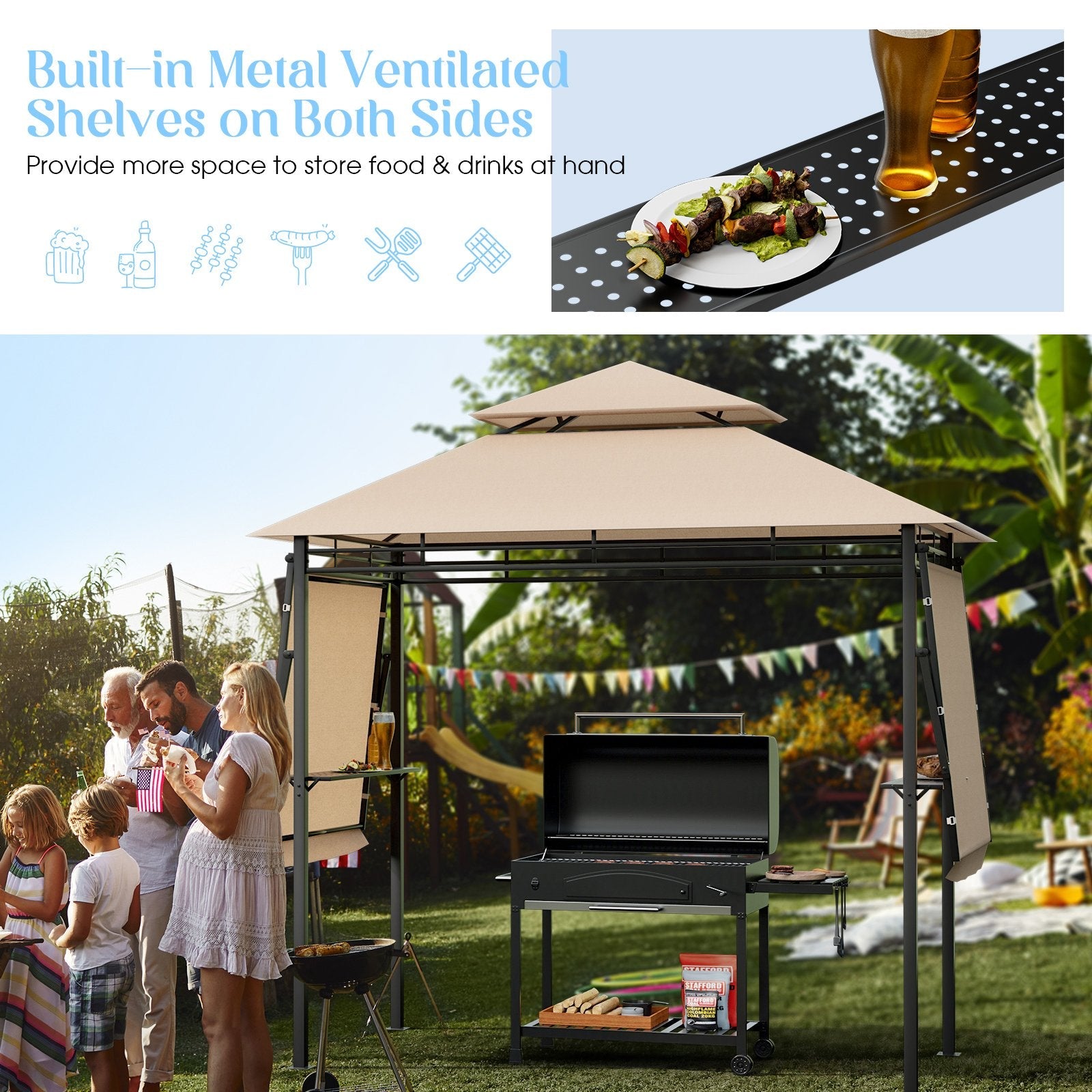 13.5 x 4 Feet Patio BBQ Grill Gazebo Canopy with Dual Side Awnings, Beige Gazebos   at Gallery Canada