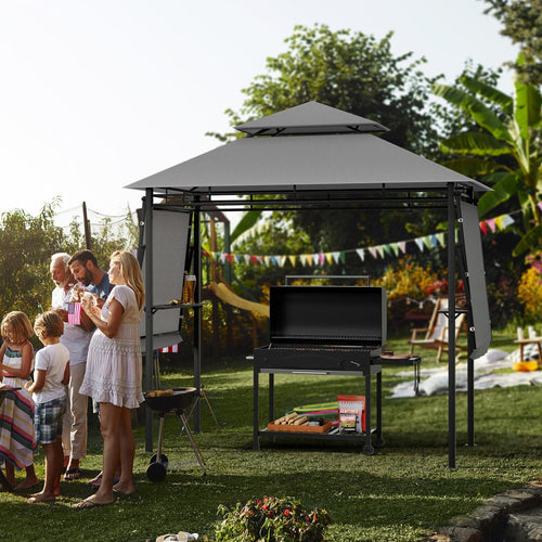 13.5 x 4 Feet Patio BBQ Grill Gazebo Canopy with Dual Side Awnings, Gray