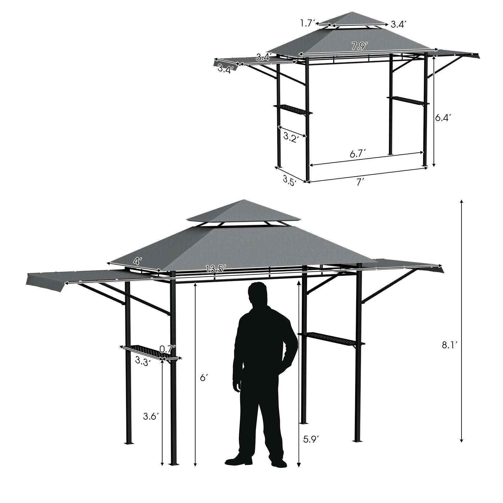 13.5 x 4 Feet Patio BBQ Grill Gazebo Canopy with Dual Side Awnings, Gray Gazebos   at Gallery Canada