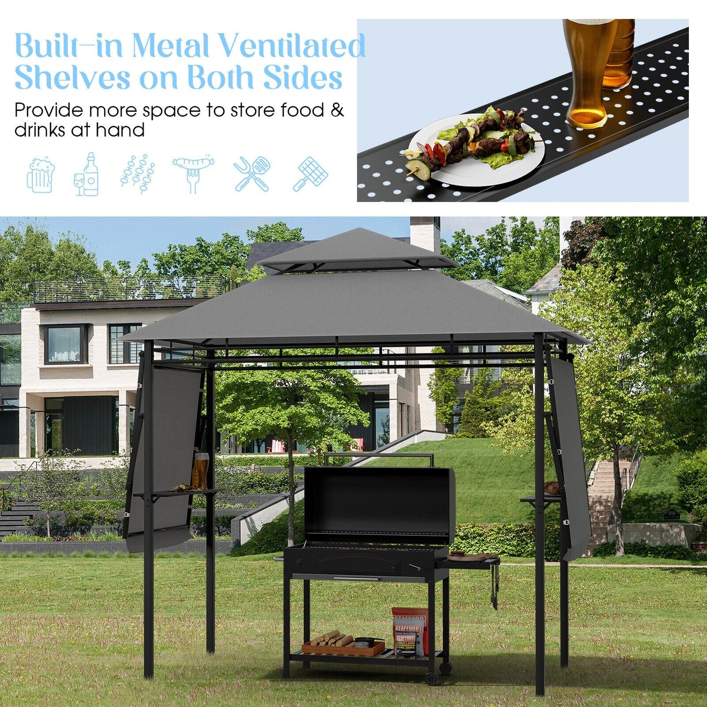 13.5 x 4 Feet Patio BBQ Grill Gazebo Canopy with Dual Side Awnings, Gray Gazebos   at Gallery Canada