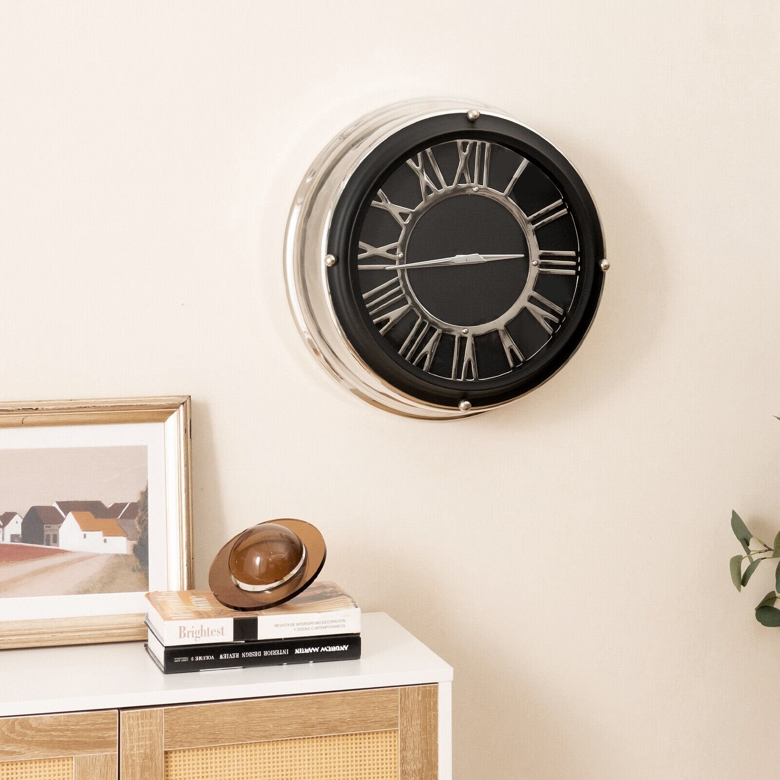 13.5/17.5 Inch Silent Wall Clock with Silver Frame-S, Black Decorative Accessories   at Gallery Canada