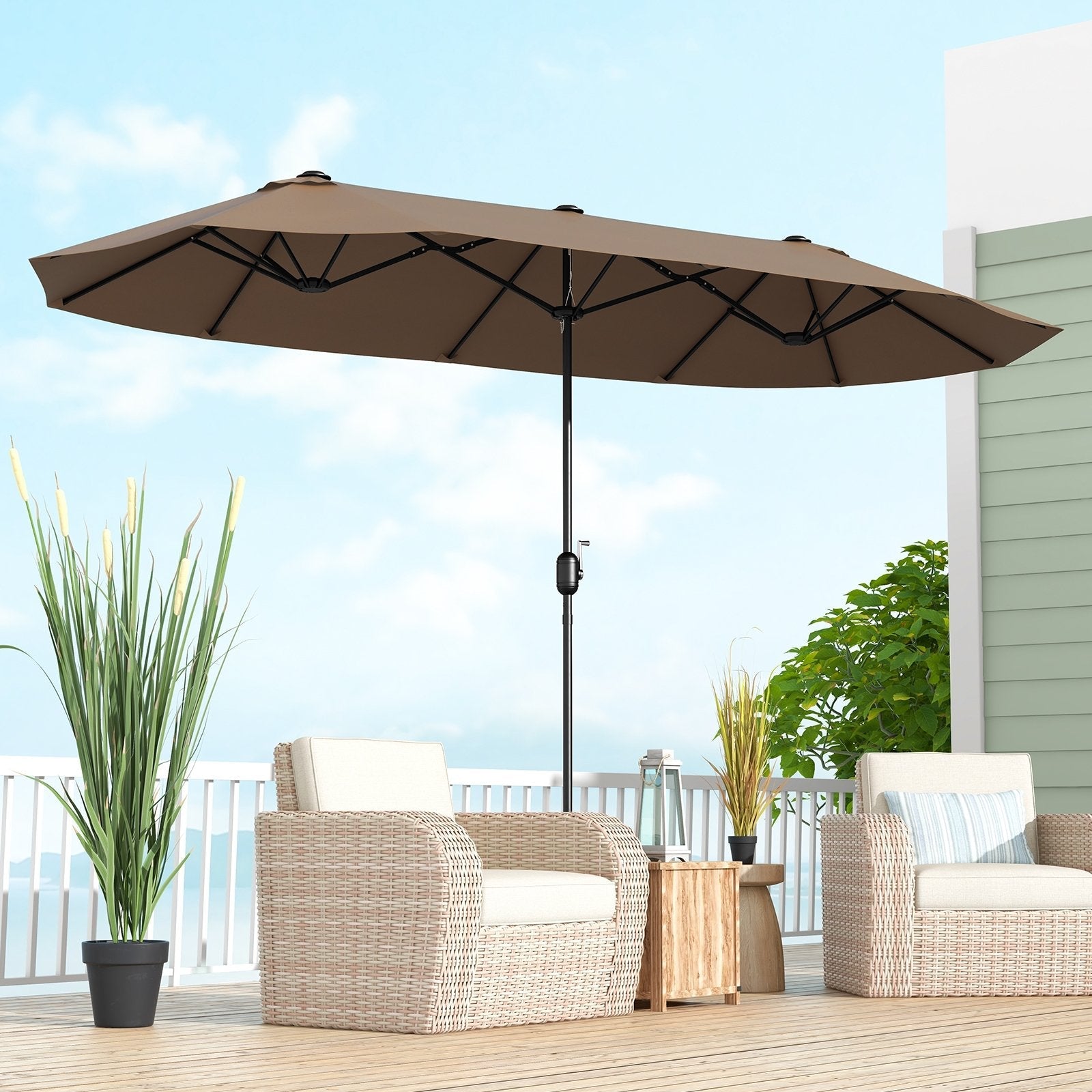 13FT Double-sided Patio Twin Table Umbrella with Crank Handle, Tan Outdoor Umbrellas   at Gallery Canada