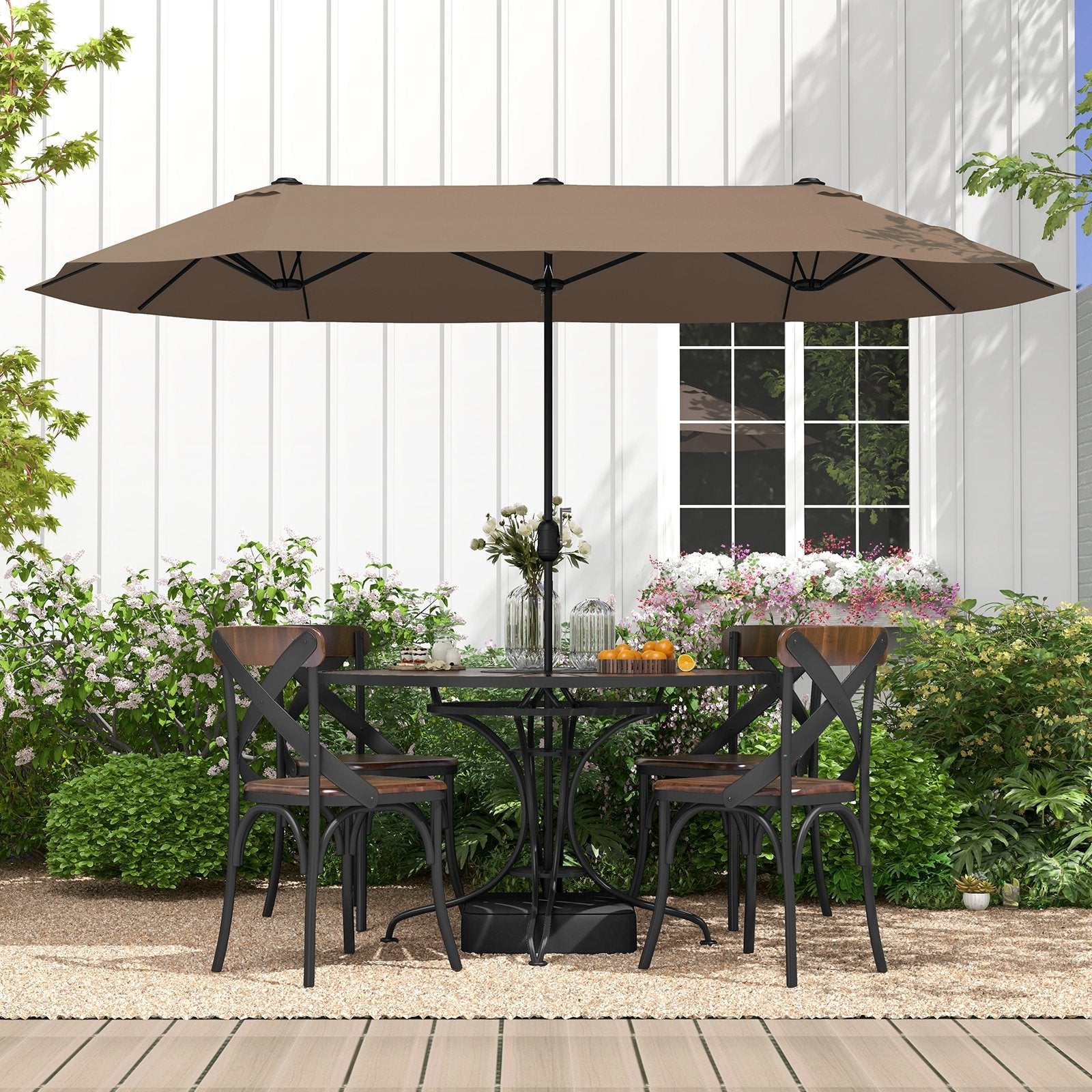 13FT Double-sided Patio Twin Table Umbrella with Crank Handle, Tan Outdoor Umbrellas   at Gallery Canada