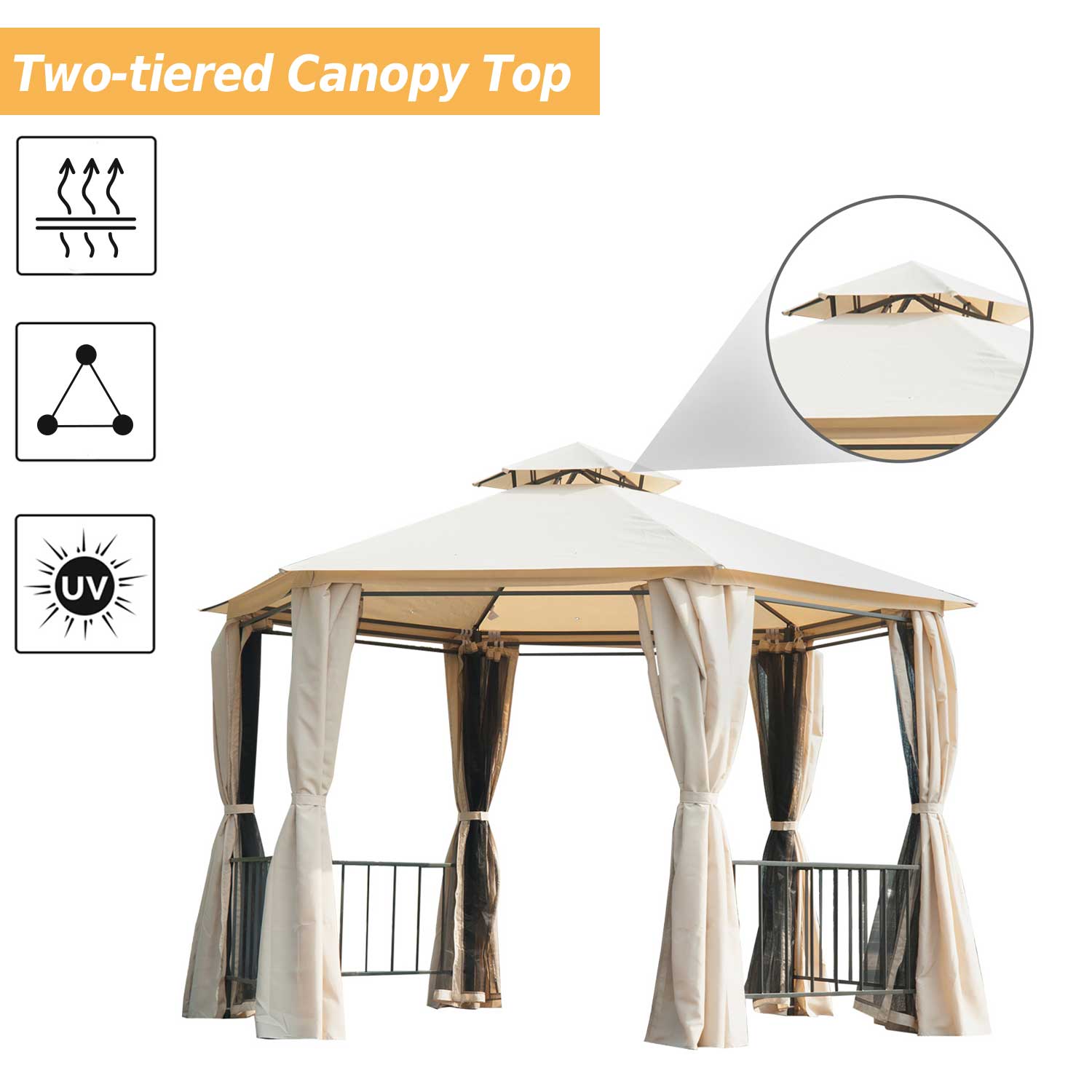 13ft Hexagon Gazebo Outdoor Canopy Shelter with Netting and Shaded Curtains Beige Gazebos   at Gallery Canada