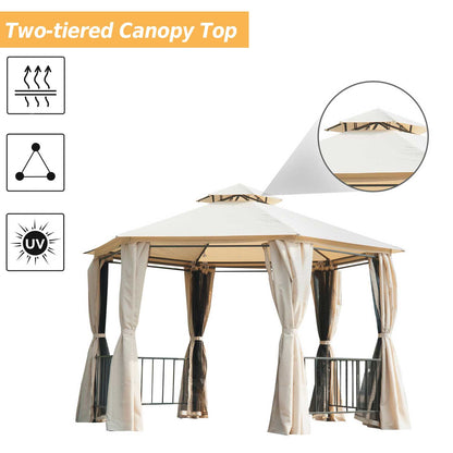 13ft Hexagon Gazebo Outdoor Canopy Shelter with Netting and Shaded Curtains Beige Gazebos   at Gallery Canada