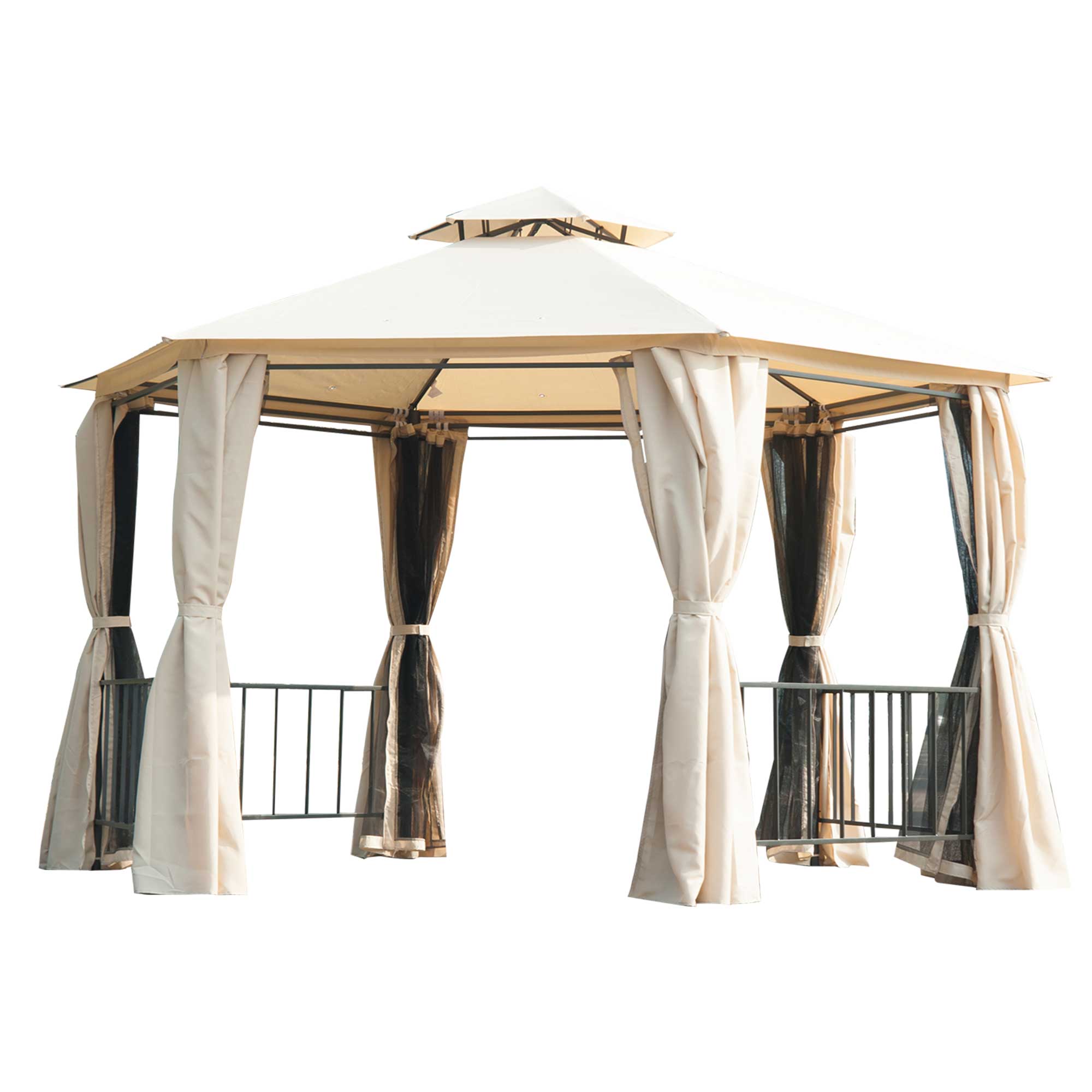 13ft Hexagon Gazebo Outdoor Canopy Shelter with Netting and Shaded Curtains Beige Gazebos Beige and Black  at Gallery Canada