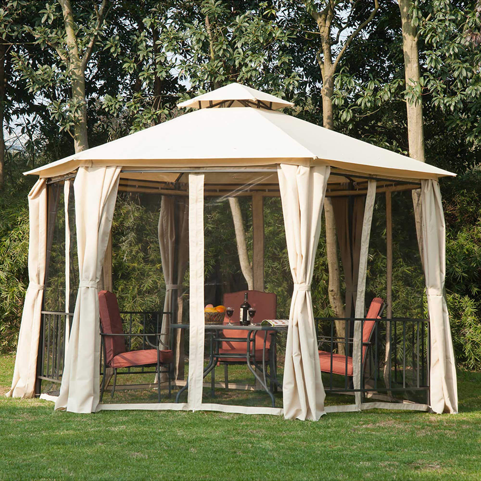 13ft Hexagon Gazebo Outdoor Canopy Shelter with Netting and Shaded Curtains Beige Gazebos   at Gallery Canada