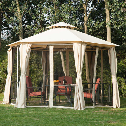 13ft Hexagon Gazebo Outdoor Canopy Shelter with Netting and Shaded Curtains Beige Gazebos   at Gallery Canada