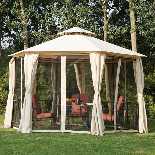 13ft Hexagon Gazebo Outdoor Canopy Shelter with Netting and Shaded Curtains Beige Gazebos Beige and Black  at Gallery Canada
