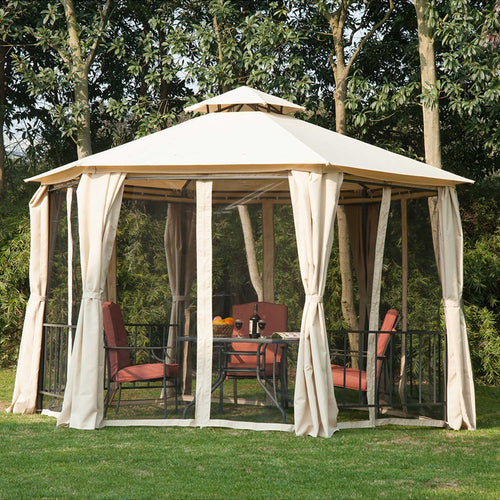 13ft Hexagon Gazebo Outdoor Canopy Shelter with Netting and Shaded Curtains Beige