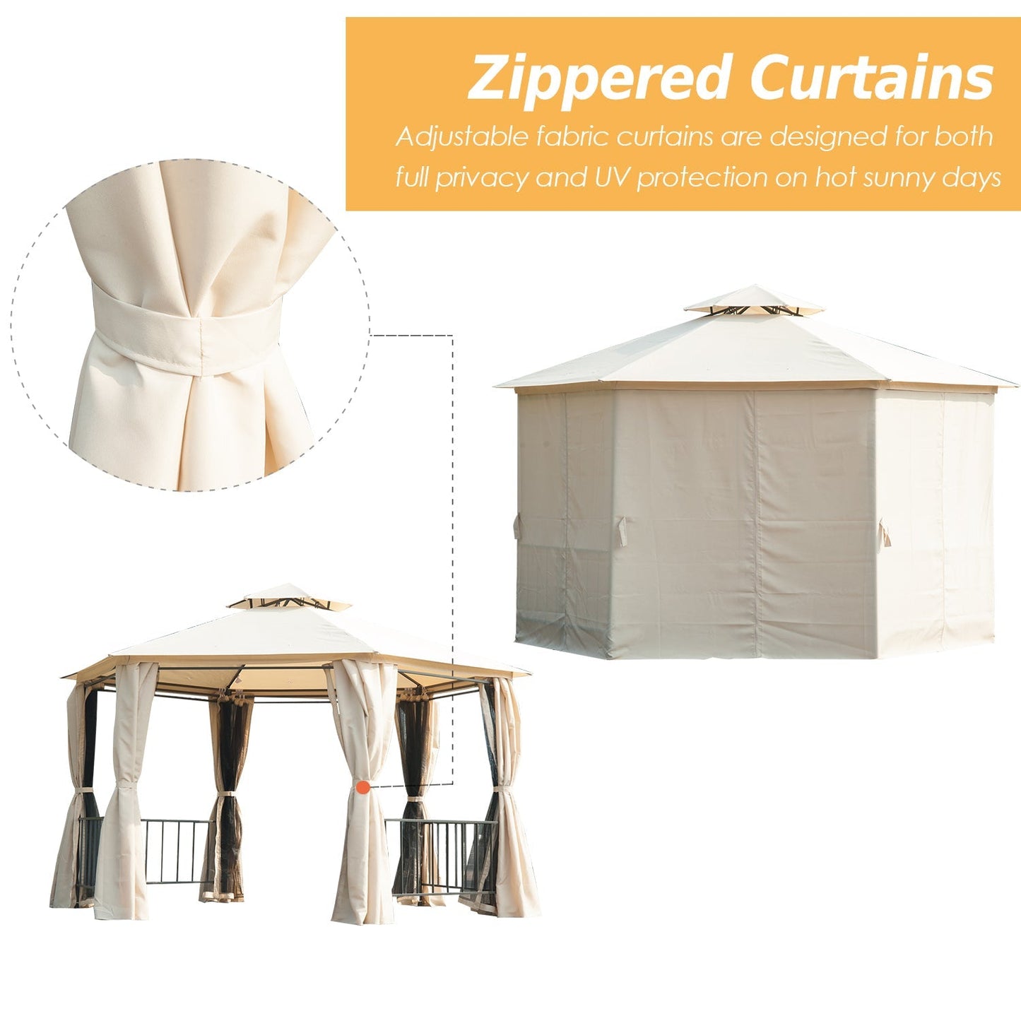 13ft Hexagon Gazebo Outdoor Canopy Shelter with Netting and Shaded Curtains Beige Gazebos   at Gallery Canada