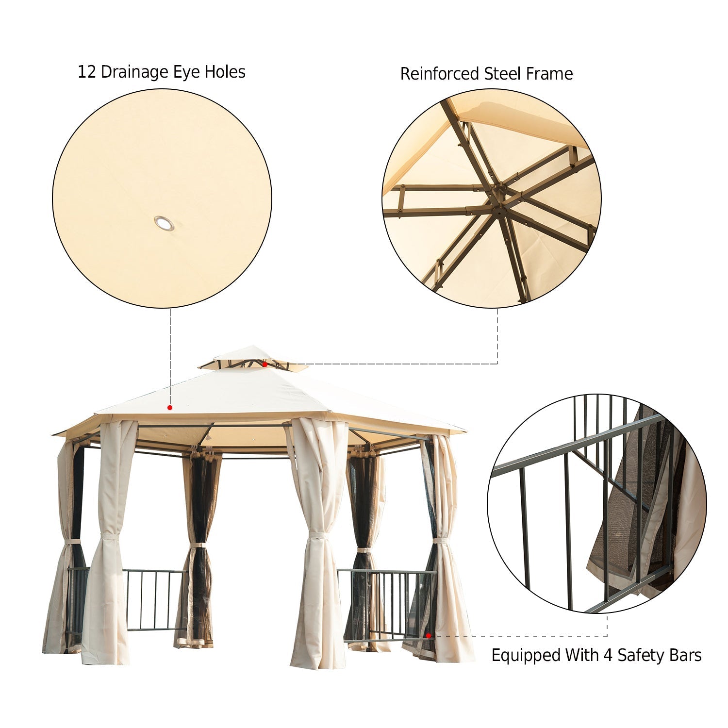 13ft Hexagon Gazebo Outdoor Canopy Shelter with Netting and Shaded Curtains Beige Gazebos   at Gallery Canada