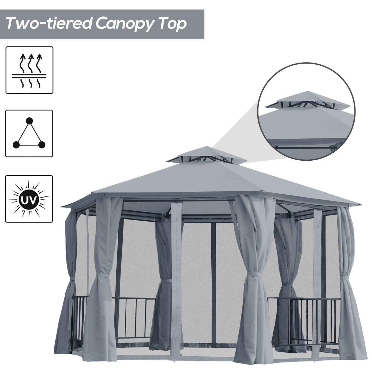 13ft Hexagon Gazebo Outdoor Canopy Shelter with Netting and Shaded Curtains Grey Gazebos   at Gallery Canada