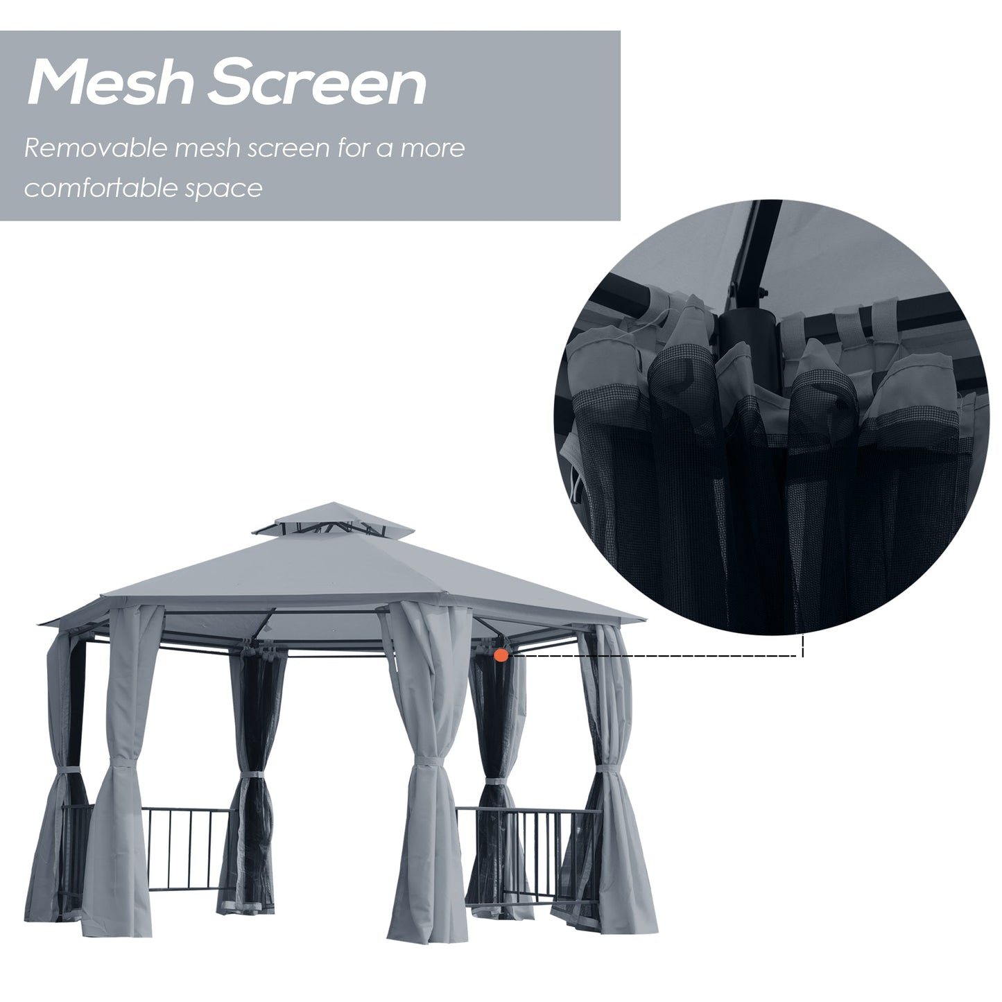 13ft Hexagon Gazebo Outdoor Canopy Shelter with Netting and Shaded Curtains Grey Gazebos   at Gallery Canada