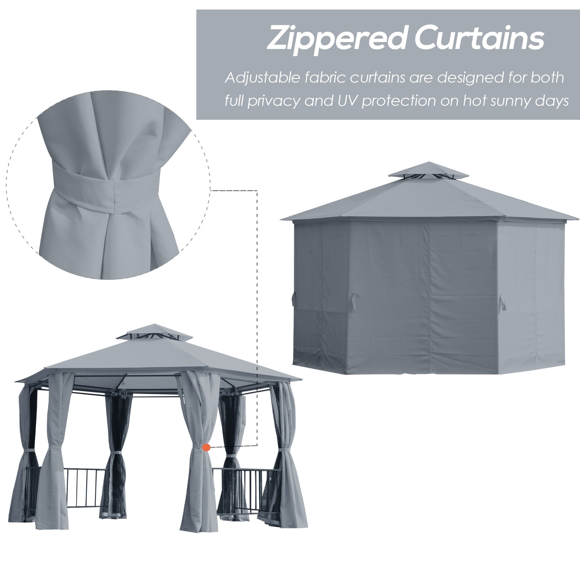 13ft Hexagon Gazebo Outdoor Canopy Shelter with Netting and Shaded Curtains Grey Gazebos   at Gallery Canada