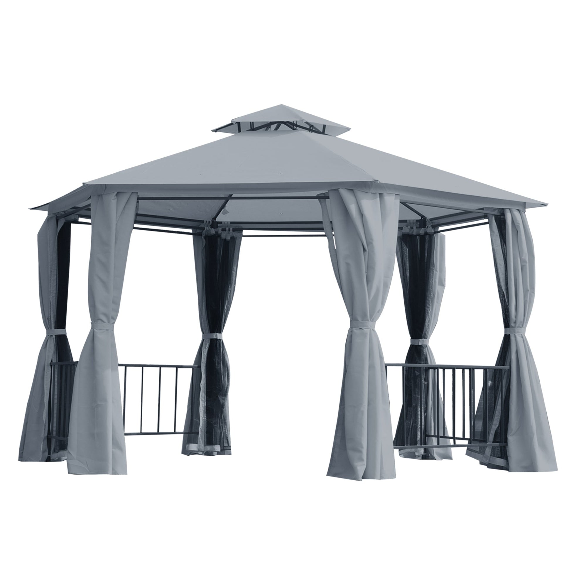 13ft Hexagon Gazebo Outdoor Canopy Shelter with Netting and Shaded Curtains Grey Gazebos Black and Grey  at Gallery Canada