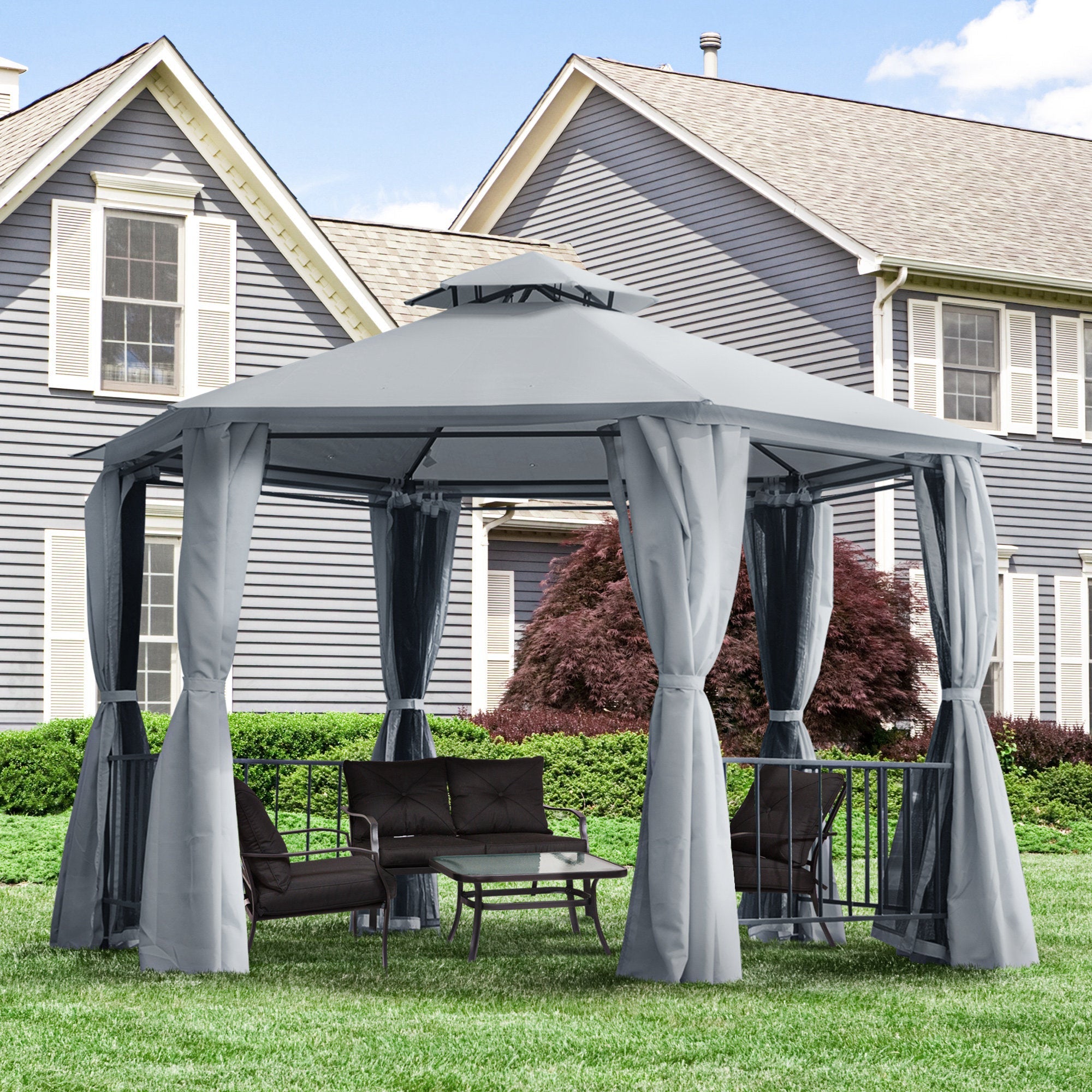 13ft Hexagon Gazebo Outdoor Canopy Shelter with Netting and Shaded Curtains Grey Gazebos   at Gallery Canada