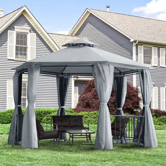 13ft Hexagon Gazebo Outdoor Canopy Shelter with Netting and Shaded Curtains Grey Gazebos Black and Grey  at Gallery Canada