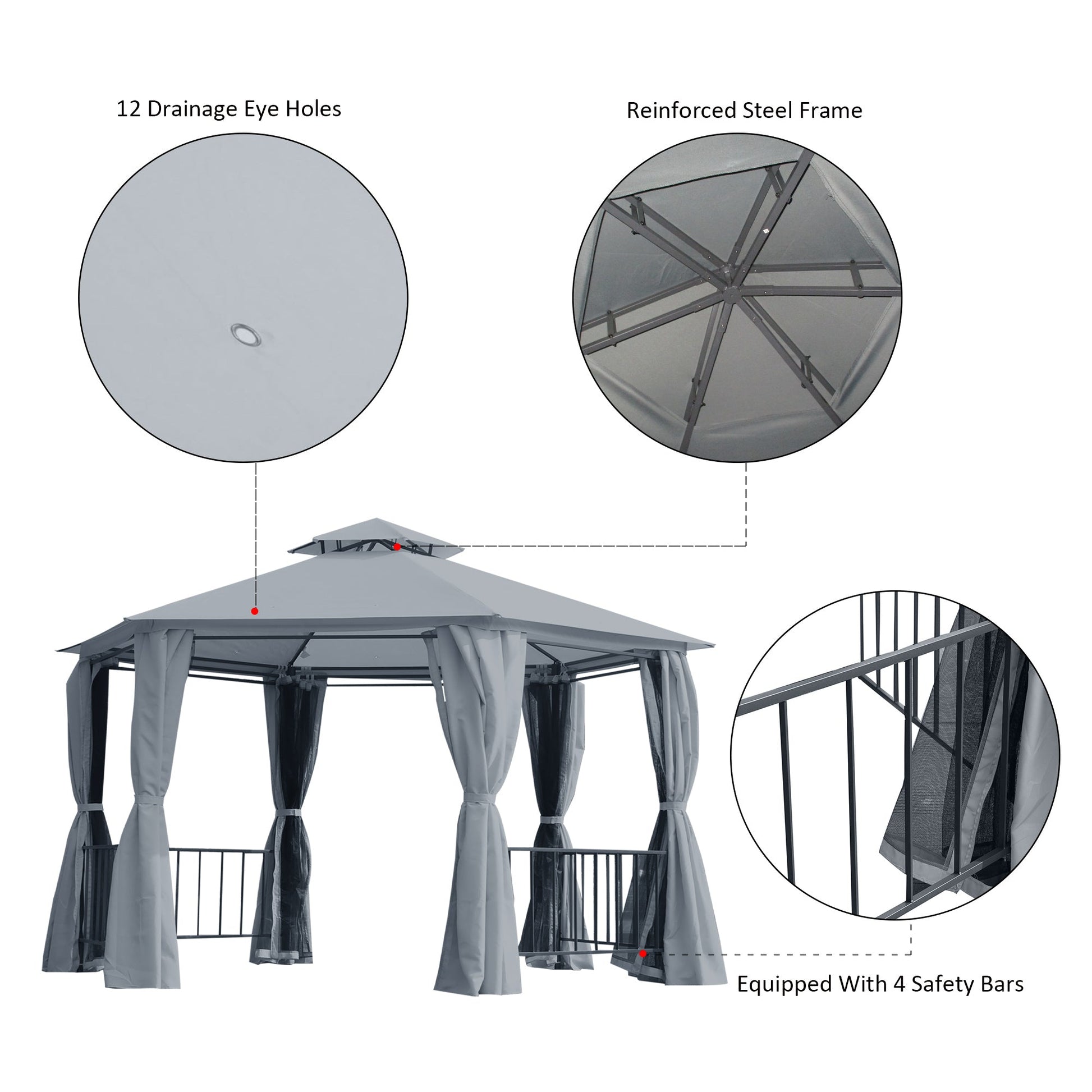 13ft Hexagon Gazebo Outdoor Canopy Shelter with Netting and Shaded Curtains Grey Gazebos   at Gallery Canada