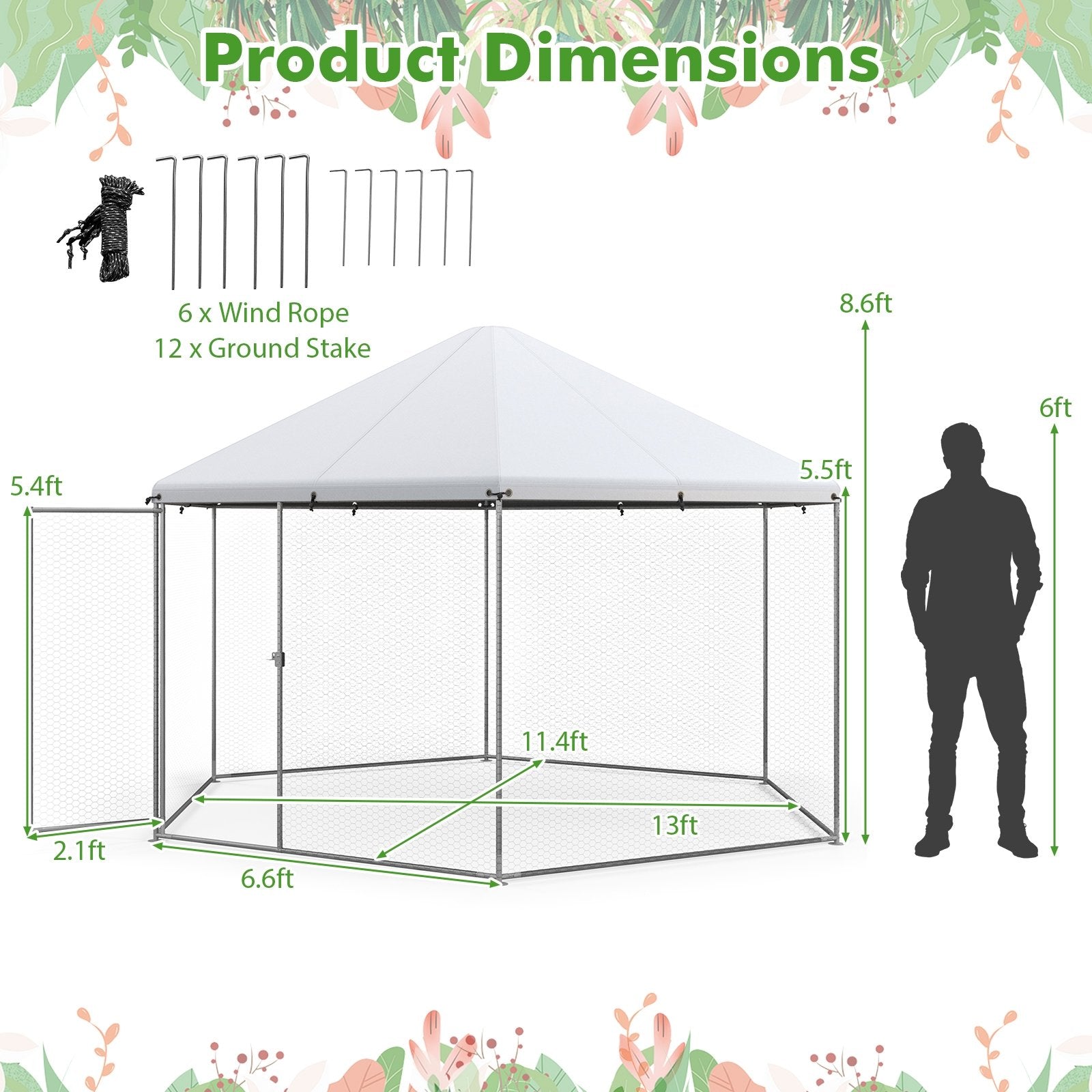 13FT Large Metal Hexagonal Chicken Coop with Wire Mesh and Lockable Door, Silver Chicken Coops   at Gallery Canada