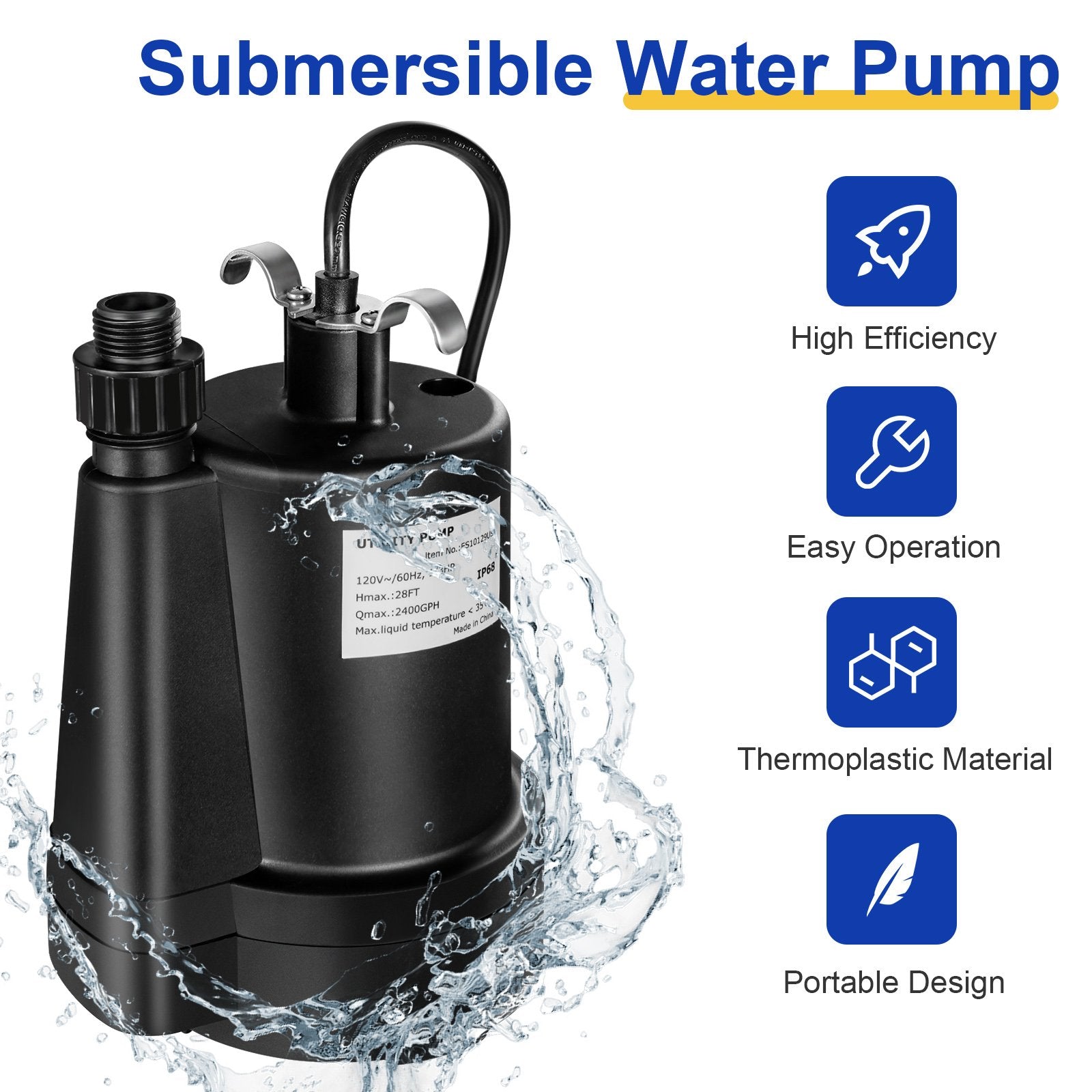 1/3HP 2400GPH Submersible Utility Pump Portable Electric Water Pump with 10 FT Cord, Black Watering & Irrigation   at Gallery Canada