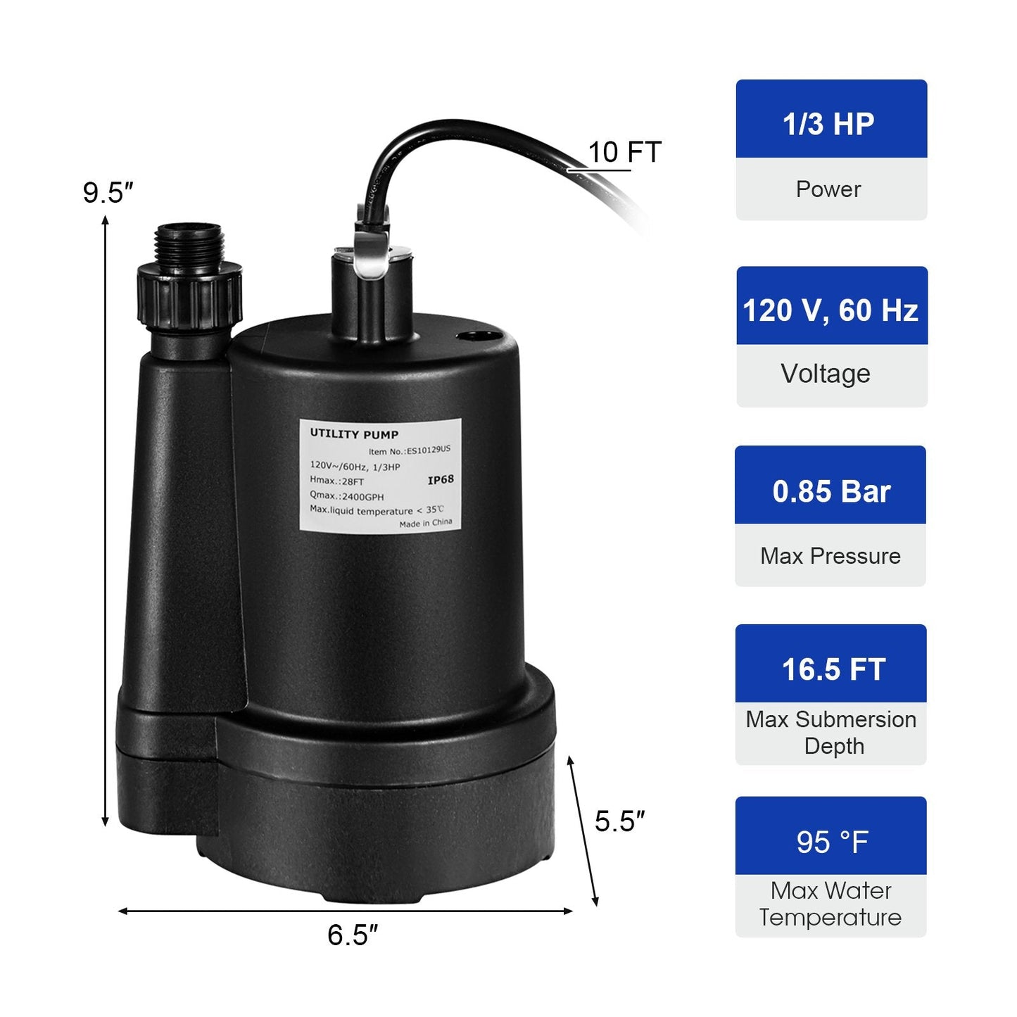 1/3HP 2400GPH Submersible Utility Pump Portable Electric Water Pump with 10 FT Cord, Black Watering & Irrigation   at Gallery Canada