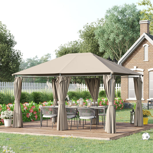 13'x 10' Soft-top Steel Patio Gazebo Canopy Party Tent with 6 Removable Curtains and Drainage Holes, Khaki - Gallery Canada
