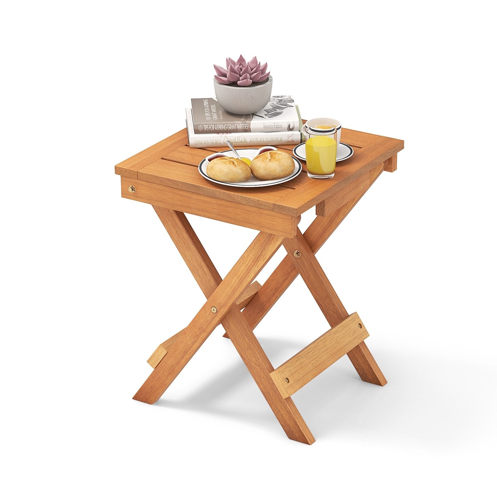 14 Inch Compact Folding Side Table with Slatted Tabletop, Natural Patio Coffee Tables   at Gallery Canada