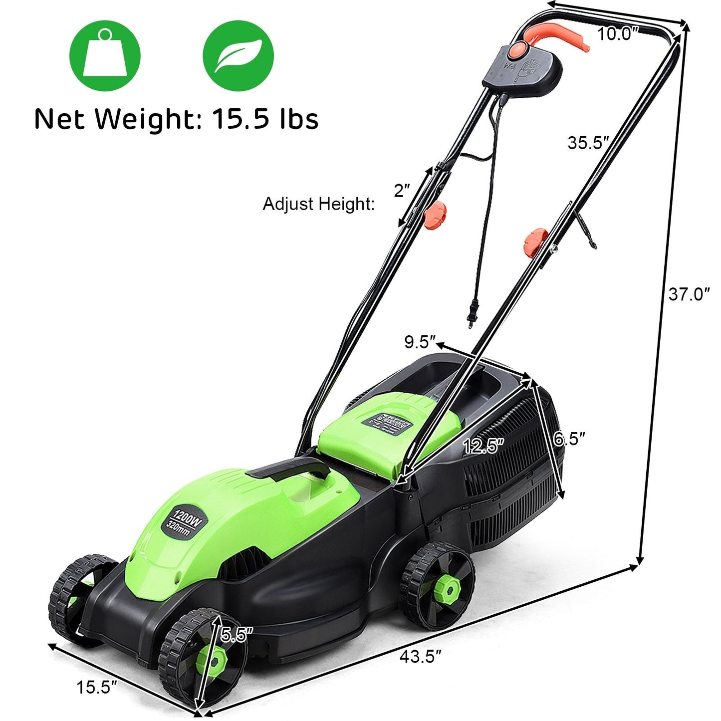 14 Inch Electric Push Lawn Corded Mower with Grass Bag, Green Garden Tools   at Gallery Canada