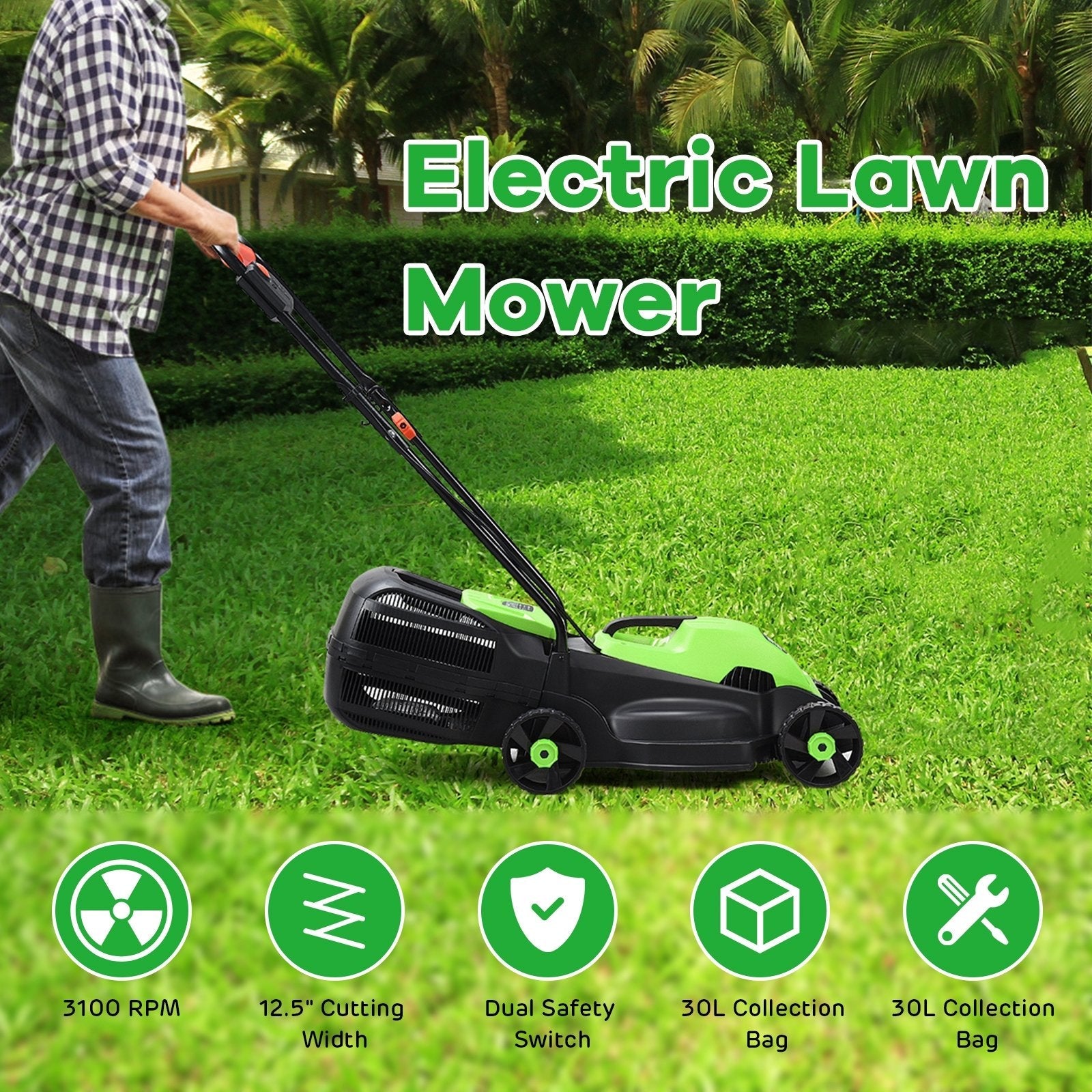 14 Inch Electric Push Lawn Corded Mower with Grass Bag, Green Garden Tools   at Gallery Canada