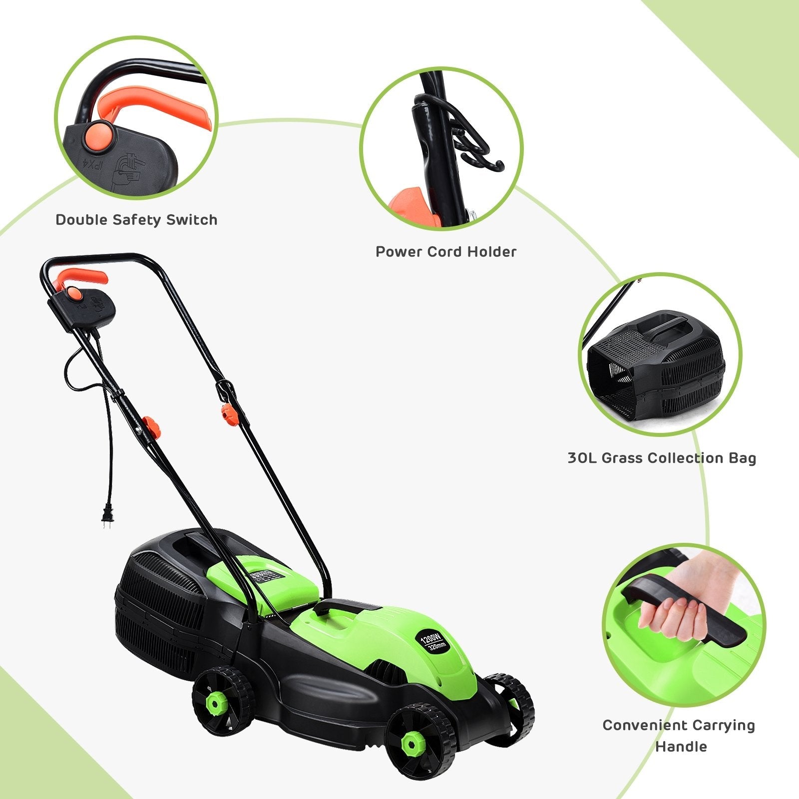 14 Inch Electric Push Lawn Corded Mower with Grass Bag, Green Garden Tools   at Gallery Canada