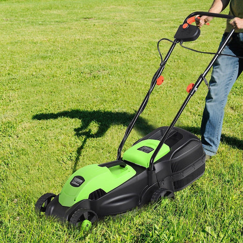 14 Inch Electric Push Lawn Corded Mower with Grass Bag, Green