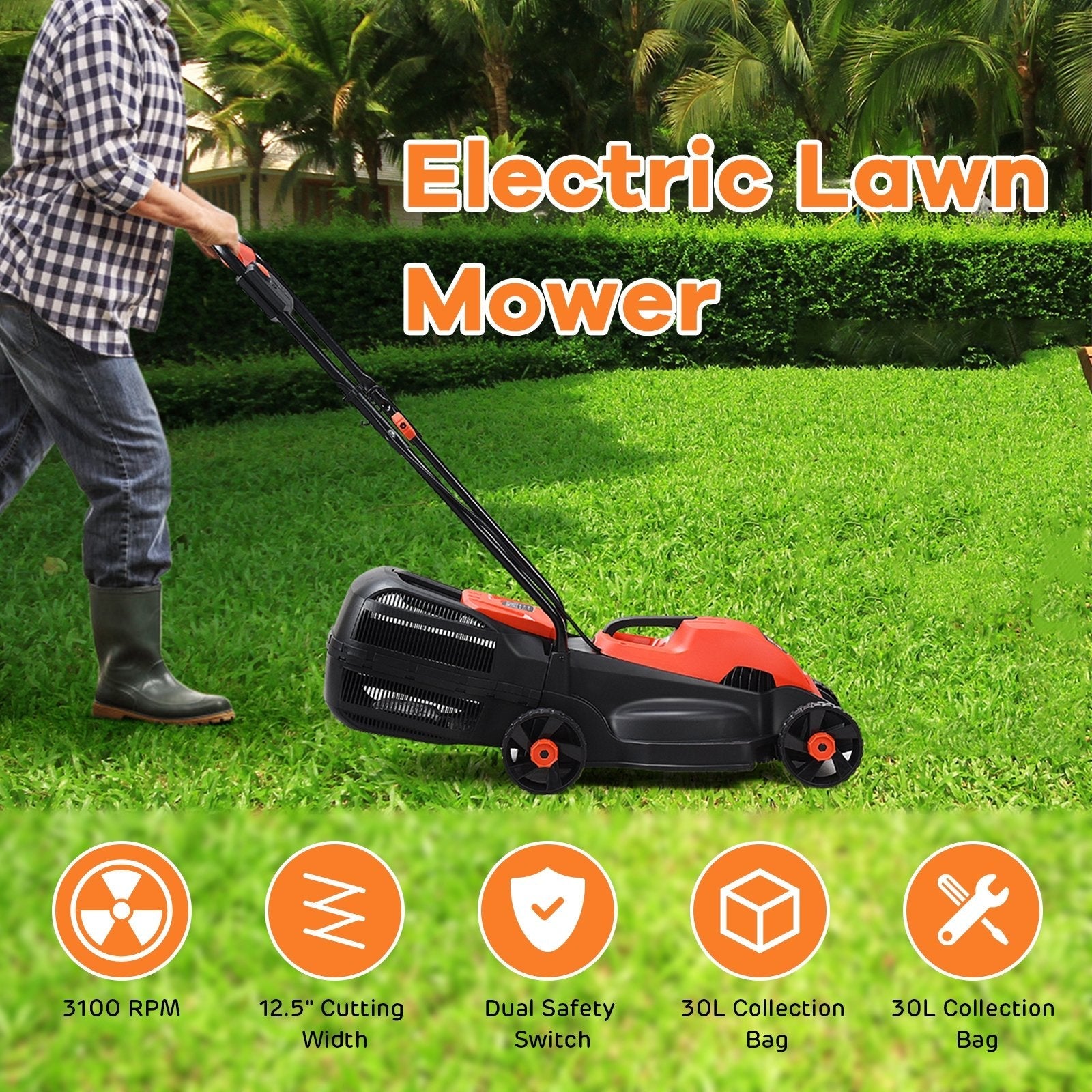 14 Inch Electric Push Lawn Corded Mower with Grass Bag, Red Garden Tools   at Gallery Canada