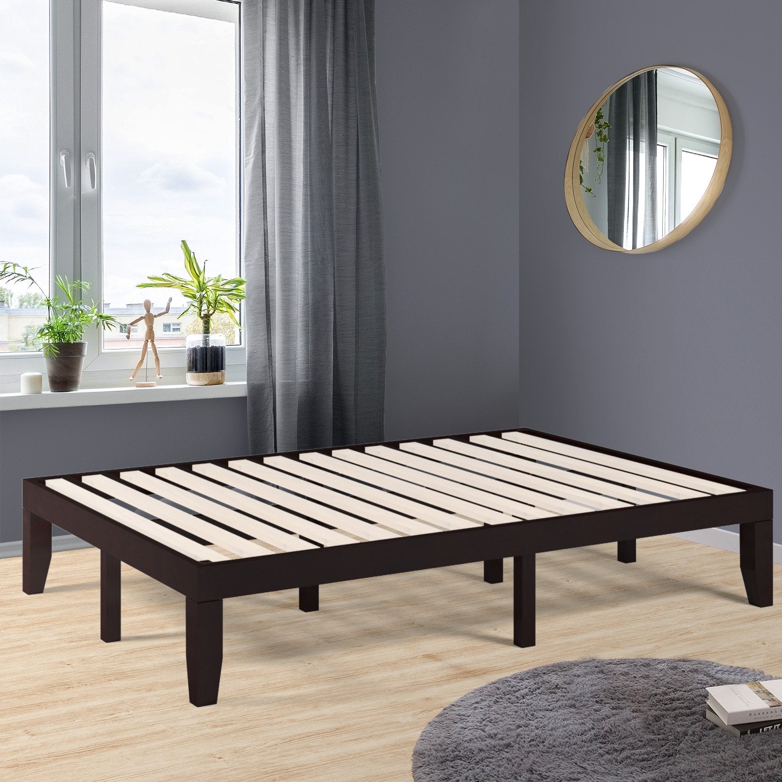 14 Inch Full Size Wood Platform Bed Frame with Wood Slat Support, Brown Simple Bed Frame   at Gallery Canada