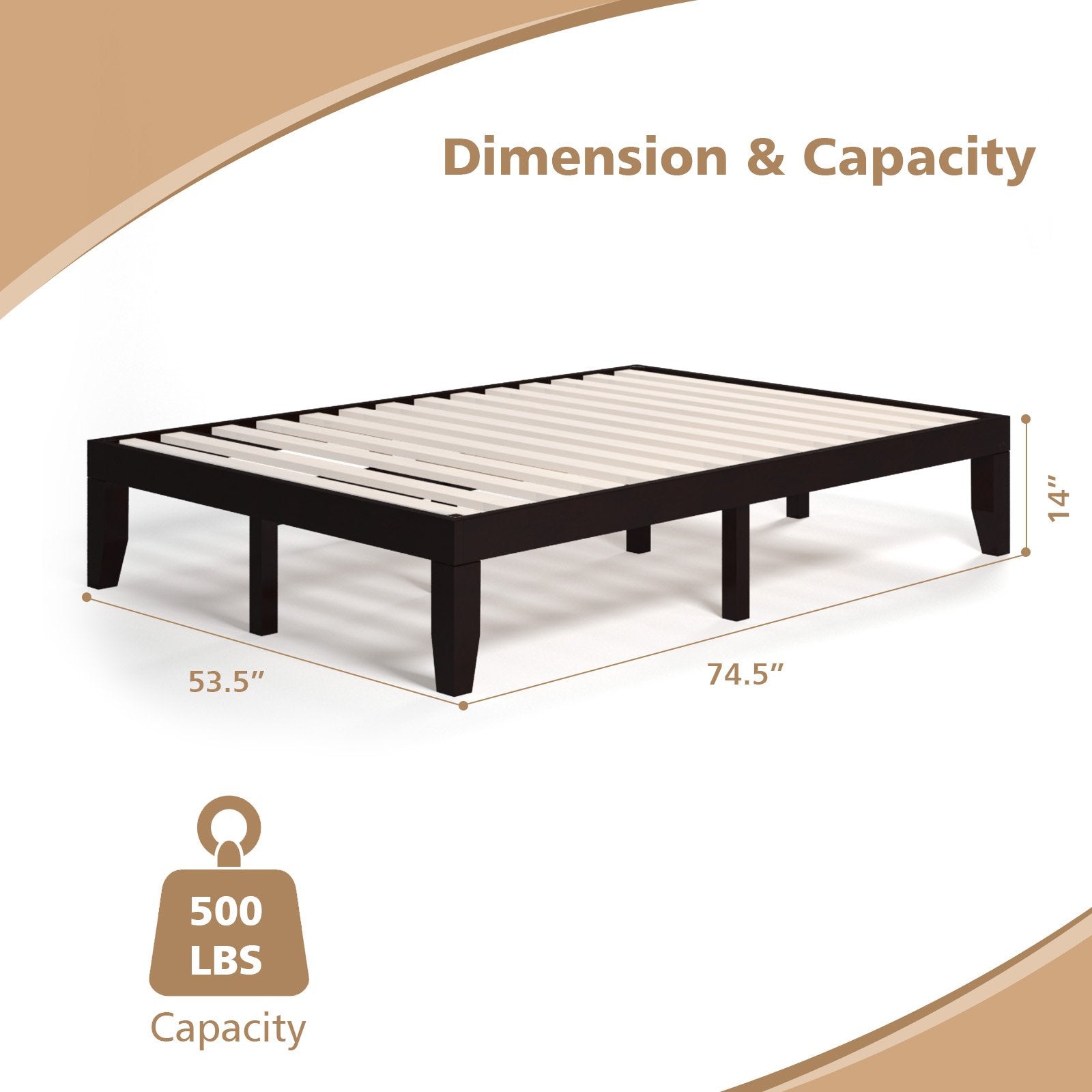 14 Inch Full Size Wood Platform Bed Frame with Wood Slat Support, Brown Simple Bed Frame   at Gallery Canada