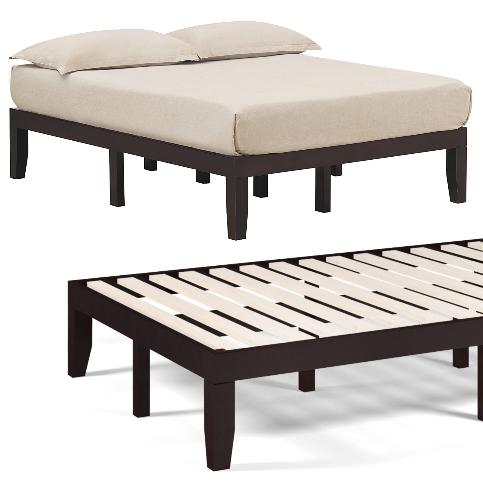 14 Inch Full Size Wood Platform Bed Frame with Wood Slat Support, Brown Simple Bed Frame   at Gallery Canada