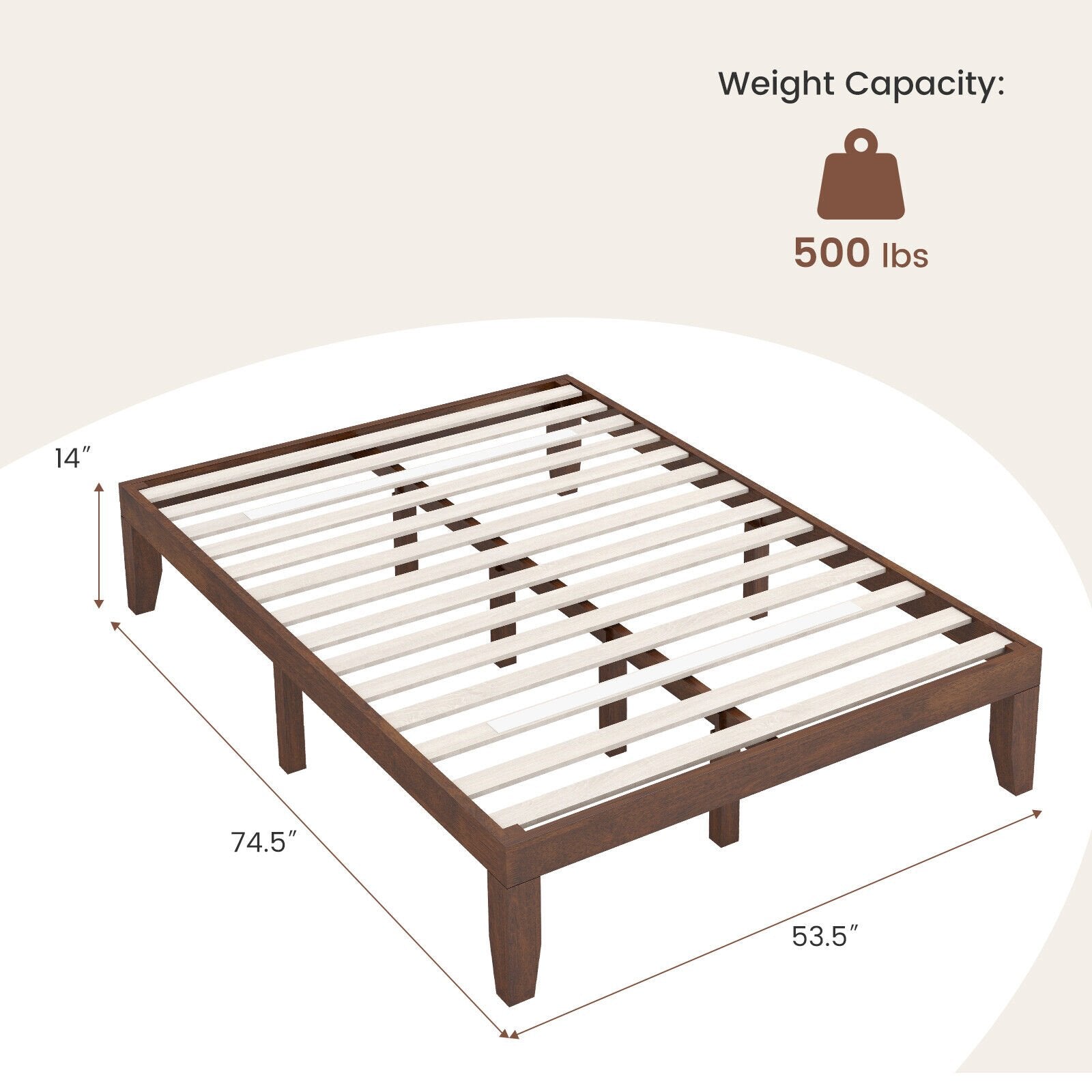 14 Inch Full Size Wood Platform Bed Frame with Wood Slat Support, Coffee Simple Bed Frame   at Gallery Canada